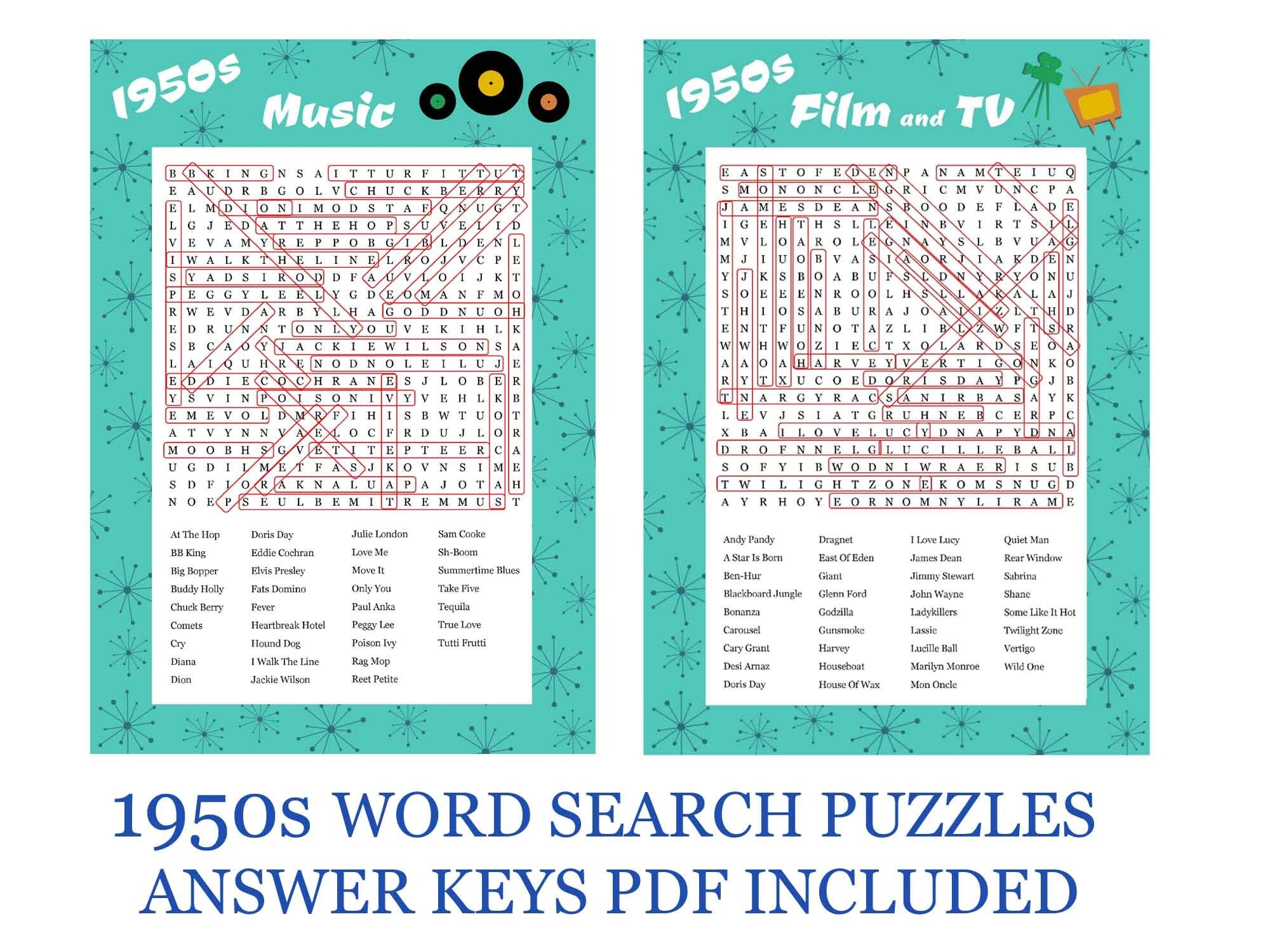 1950s Printable Word Search Puzzles Music Film TV Ideal Birthday Gift 50s Theme Nights Seniors Memory Aid Fun And Colourful 2 Pdfs Etsy