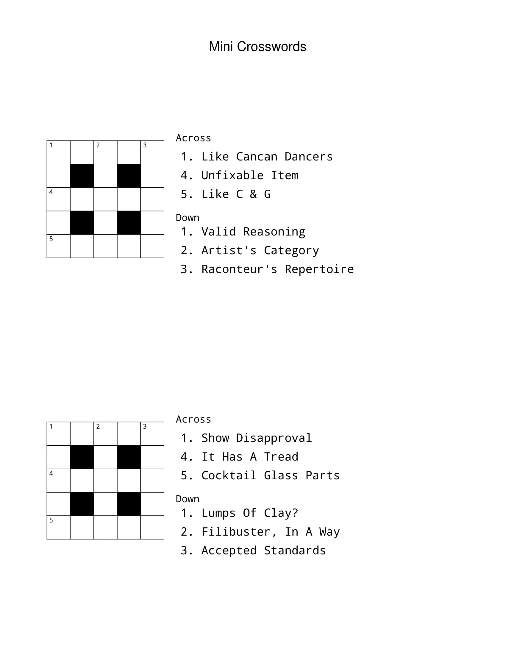 Mini Crossword Puzzles For Kids