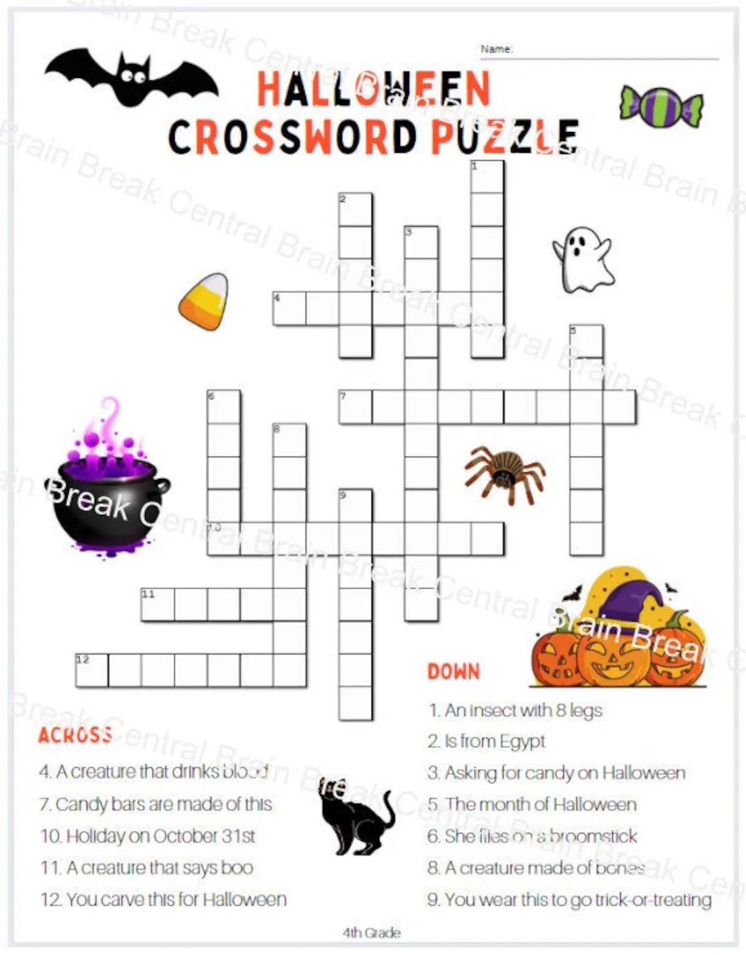4th grade halloween crossword puzzle with answer key etsy