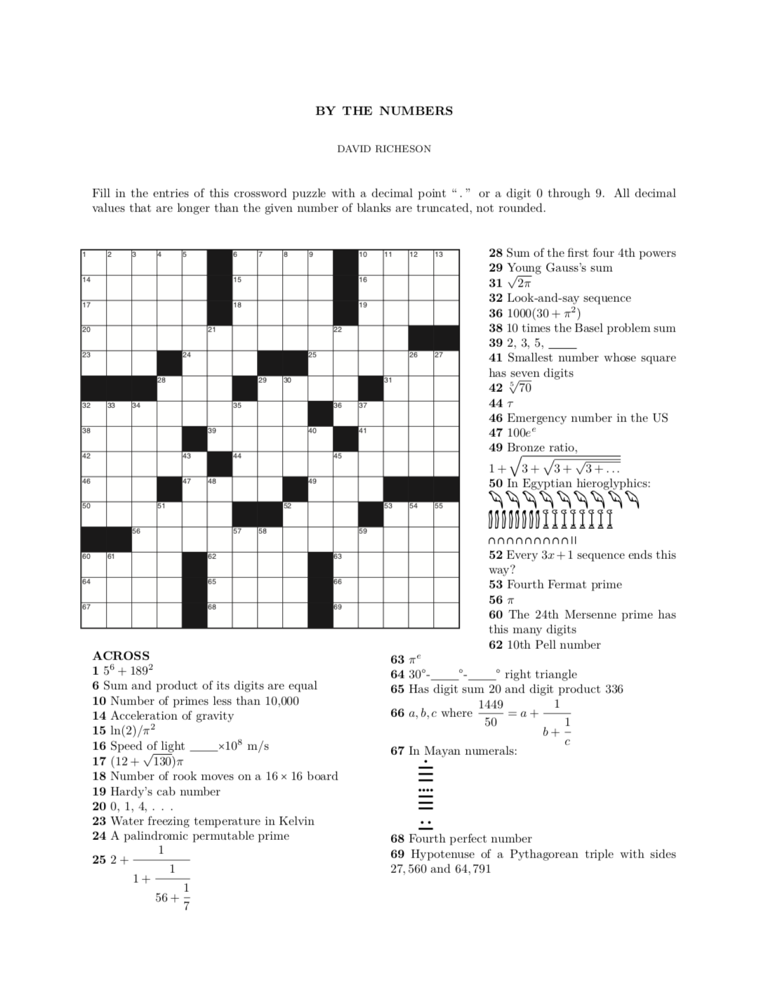 a numerical crossword puzzle david richeson division by zero