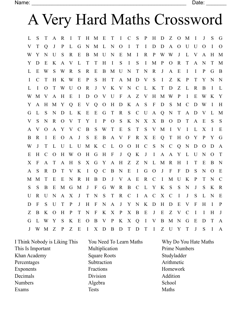 A Very Hard Maths Crossword Word Search WordMint
