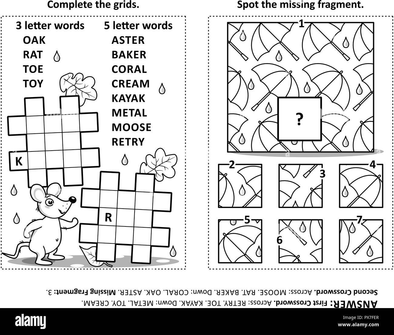 Activity Page With Two Puzzles Fill in Crossword Puzzle Or Word Game Spot The Missing Fragment Of The Pattern Black And White Answers Included Stock Vector Image Art Alamy