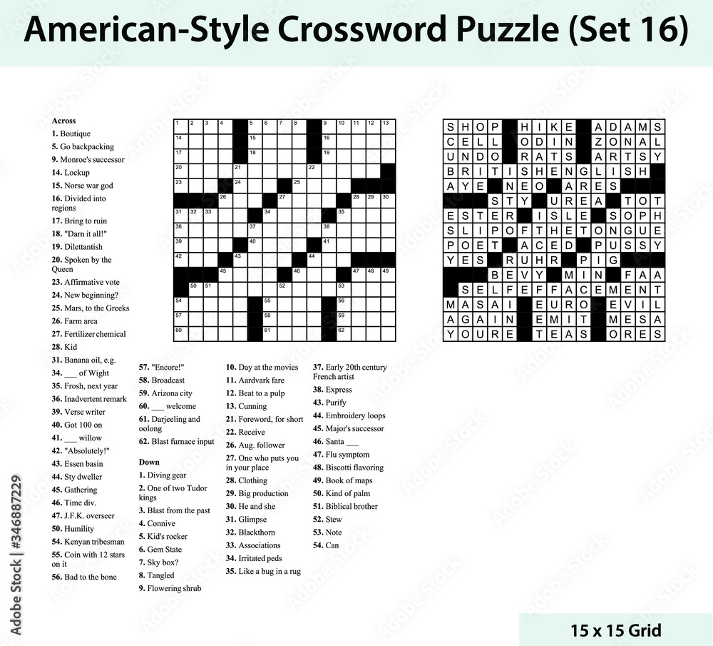 American Style Crossword Puzzle With A 15 X 15 Grid Includes Blank Crossword Grid Clues And Solution Stock Vector Adobe Stock