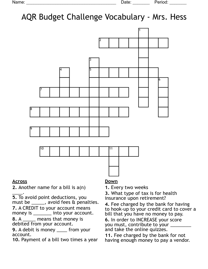 AQR Budget Challenge Vocabulary Mrs Hess Crossword WordMint