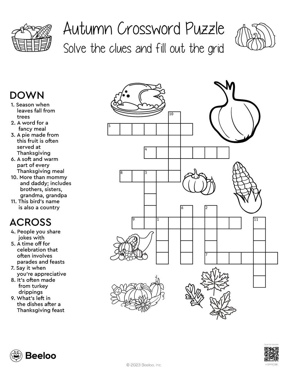 autumn crossword puzzle beeloo printable crafts and activities for kids