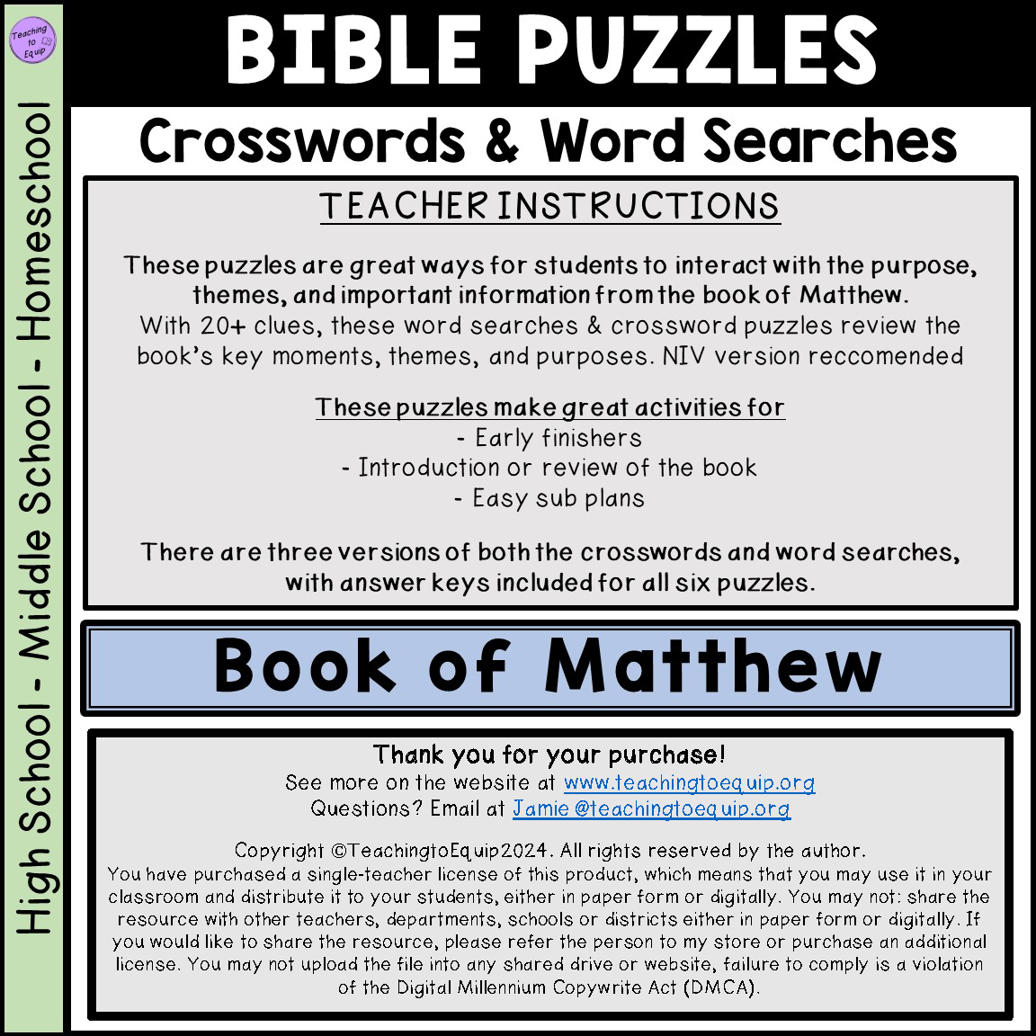 Bible Book Of Matthew Crossword Word Search Puzzle Activities Classful