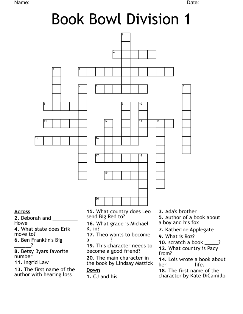 Book Bowl Division 1 Crossword WordMint