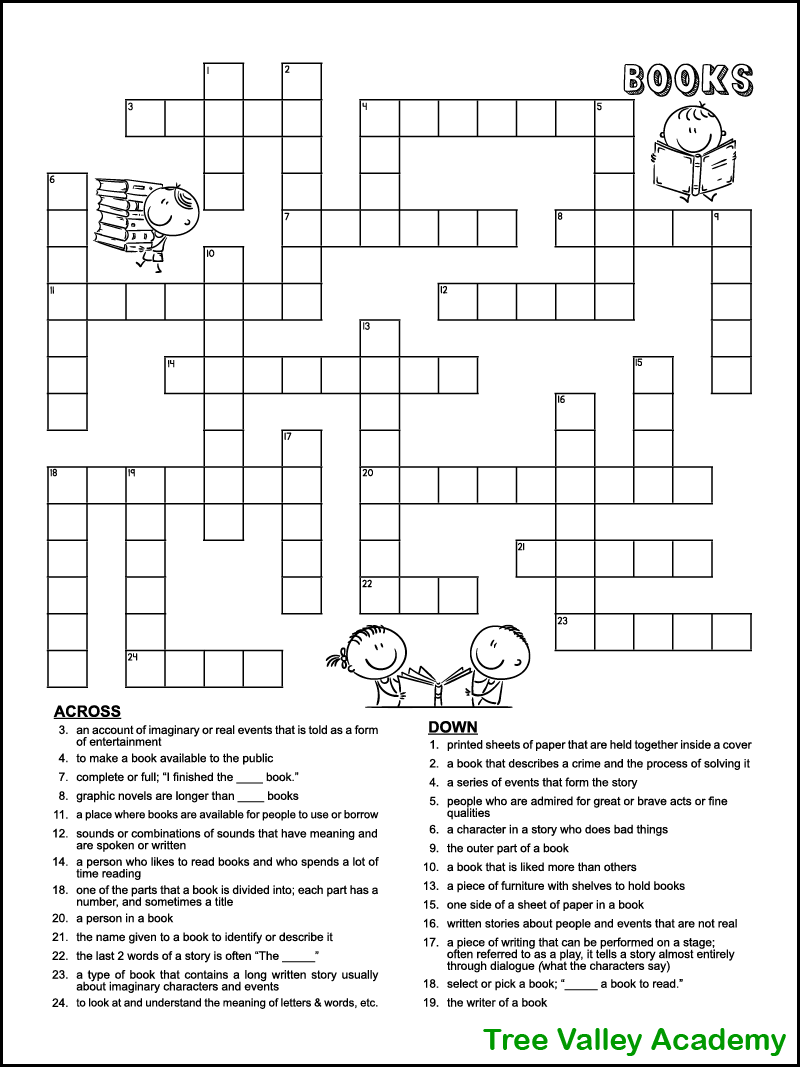 book themed crossword puzzle for kids tree valley academy
