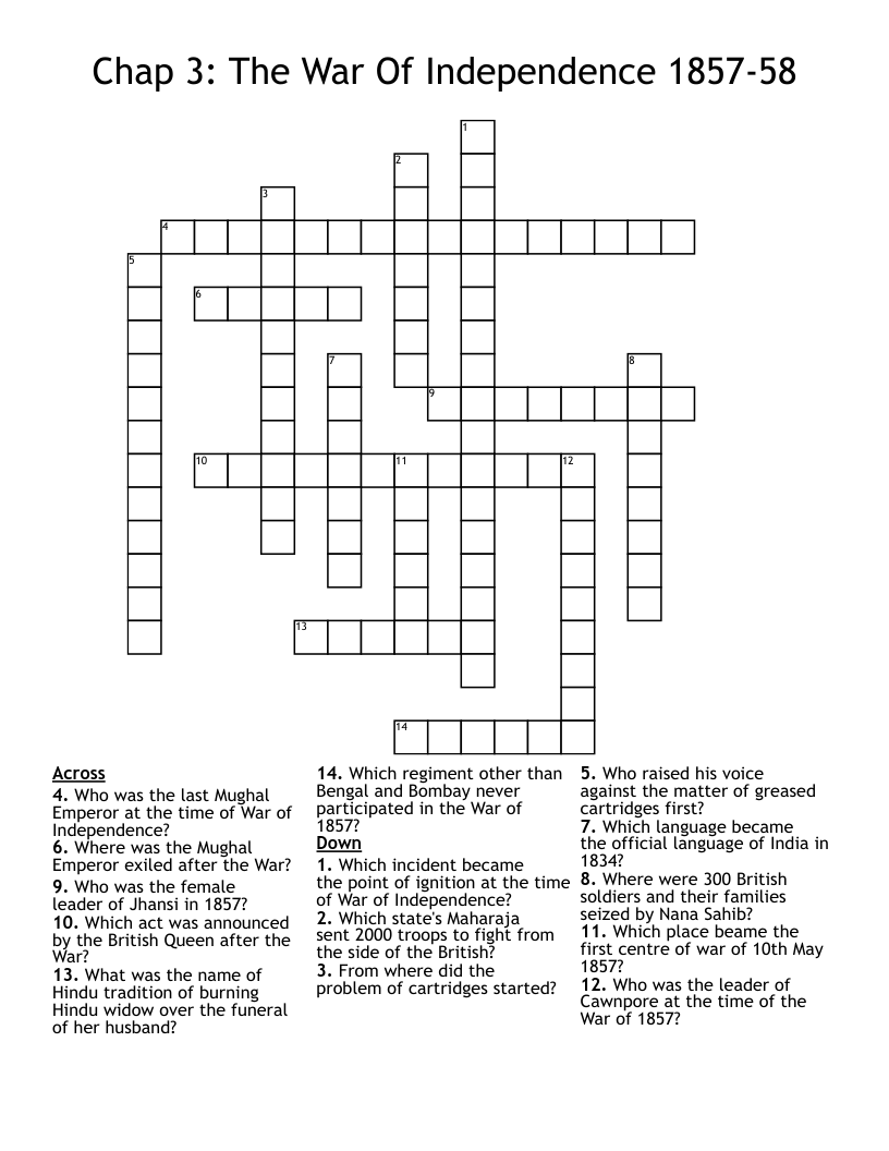 Chap 3 The War Of Independence 1857 58 Crossword WordMint