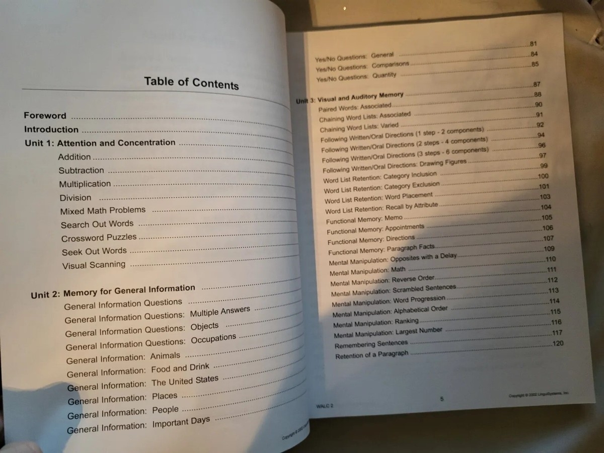 Cognitive Rehab WALC 2 Workbook Of Activities For Language And Cognition EBay