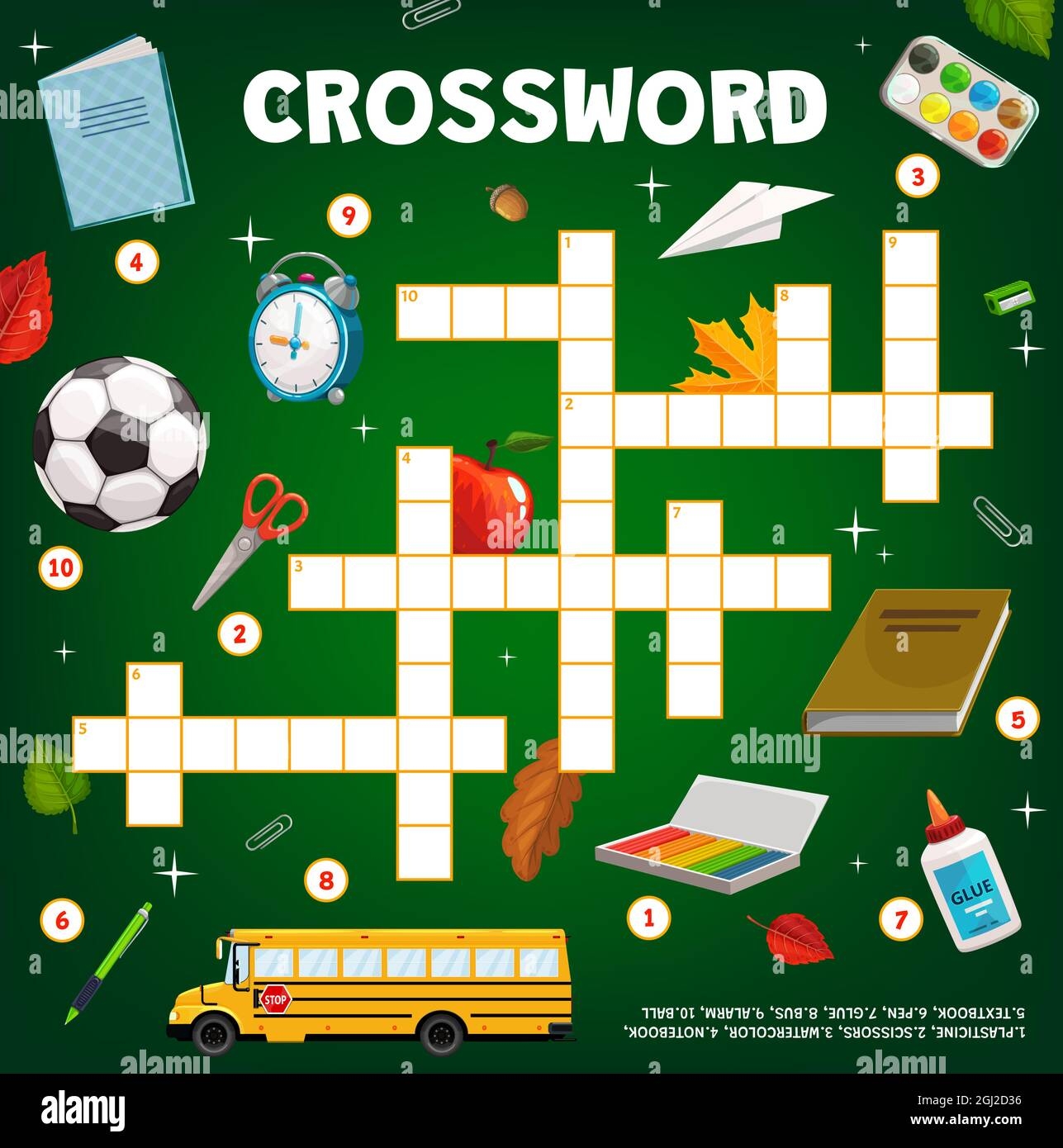 crossword puzzle game cartoon school education stationery bus and ball vector find word quiz or kids riddle cross words tabletop game or workshee stock vector image art alamy