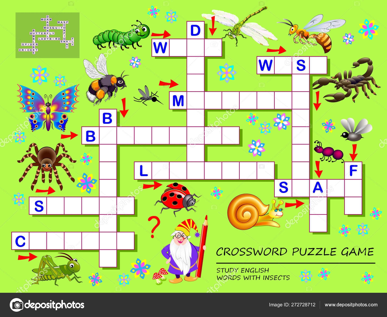 Crossword Puzzle Game Kids Cute Insects Educational Page Children Study Stock Vector By Nataljacernecka 272728712