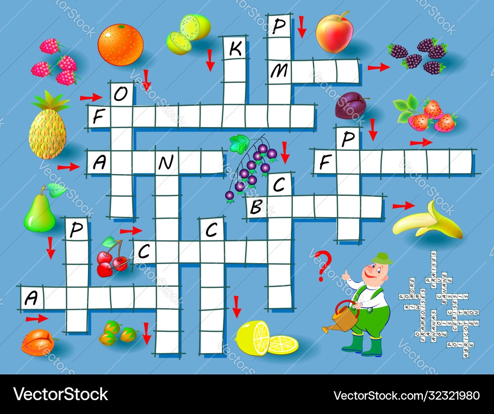 Crossword Puzzle Game With Fruits Educational Vector Image