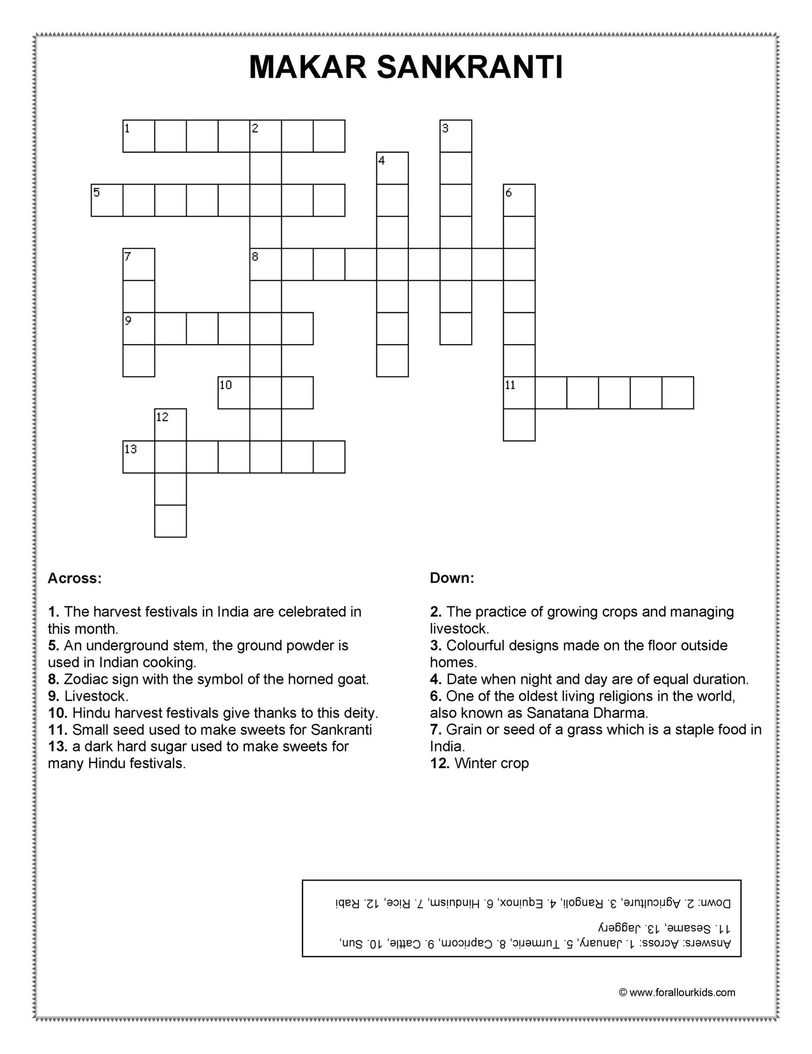 Crossword Puzzles Festivals Of India 3 For All Our Kids