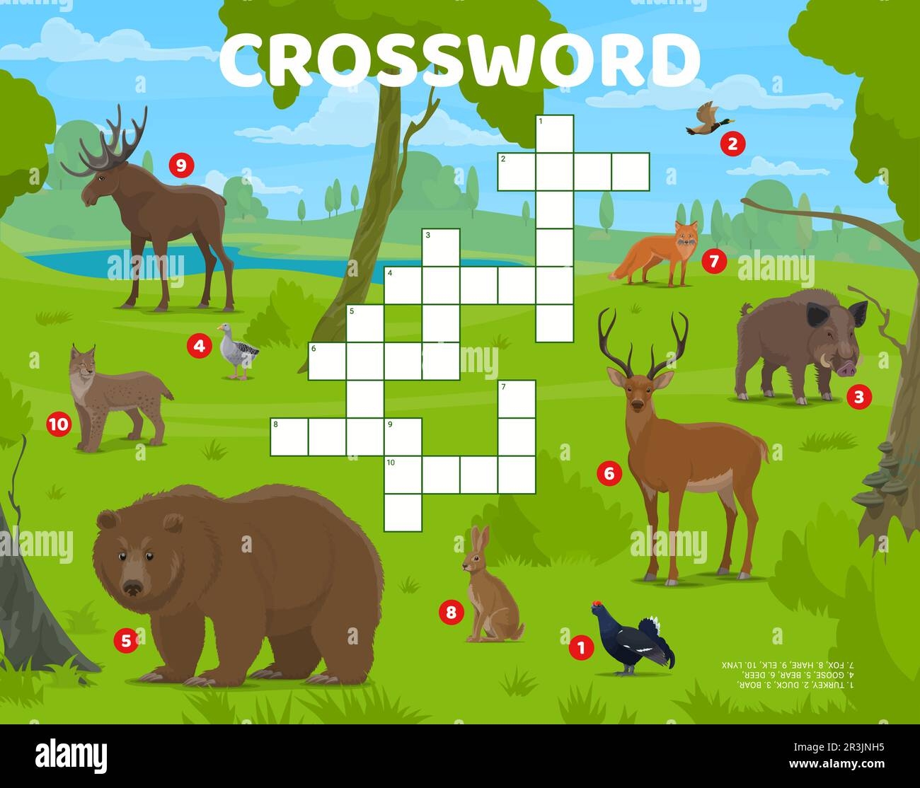 Crossword Quiz Game Grid Cartoon Hunting Forest Animals And Birds Educational Vector Worksheet For Children With