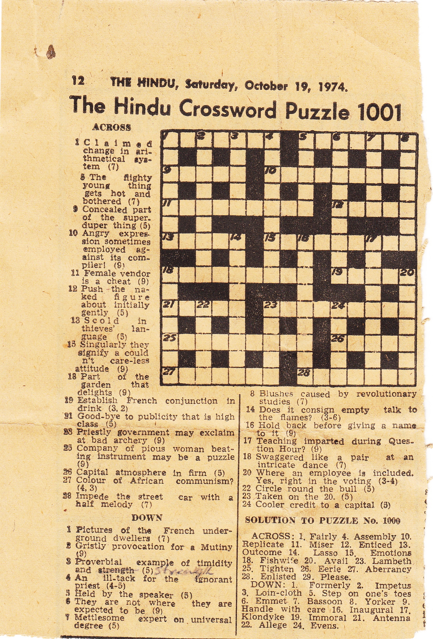 Crossword Unclued The Hindu Crossword 1001 October 19 1974 