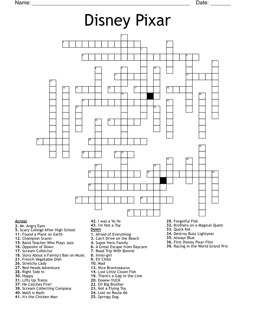 Disney Pixar Crossword WordMint