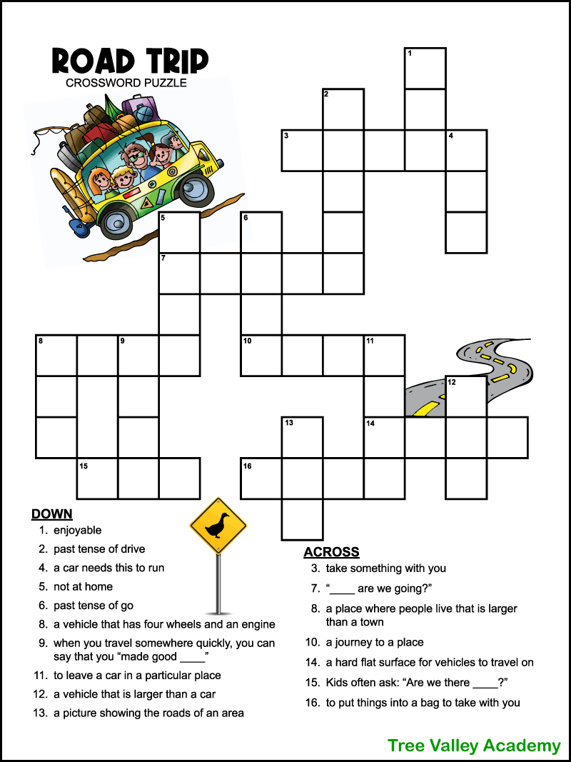 easy road trip crossword puzzle for kids tree valley academy