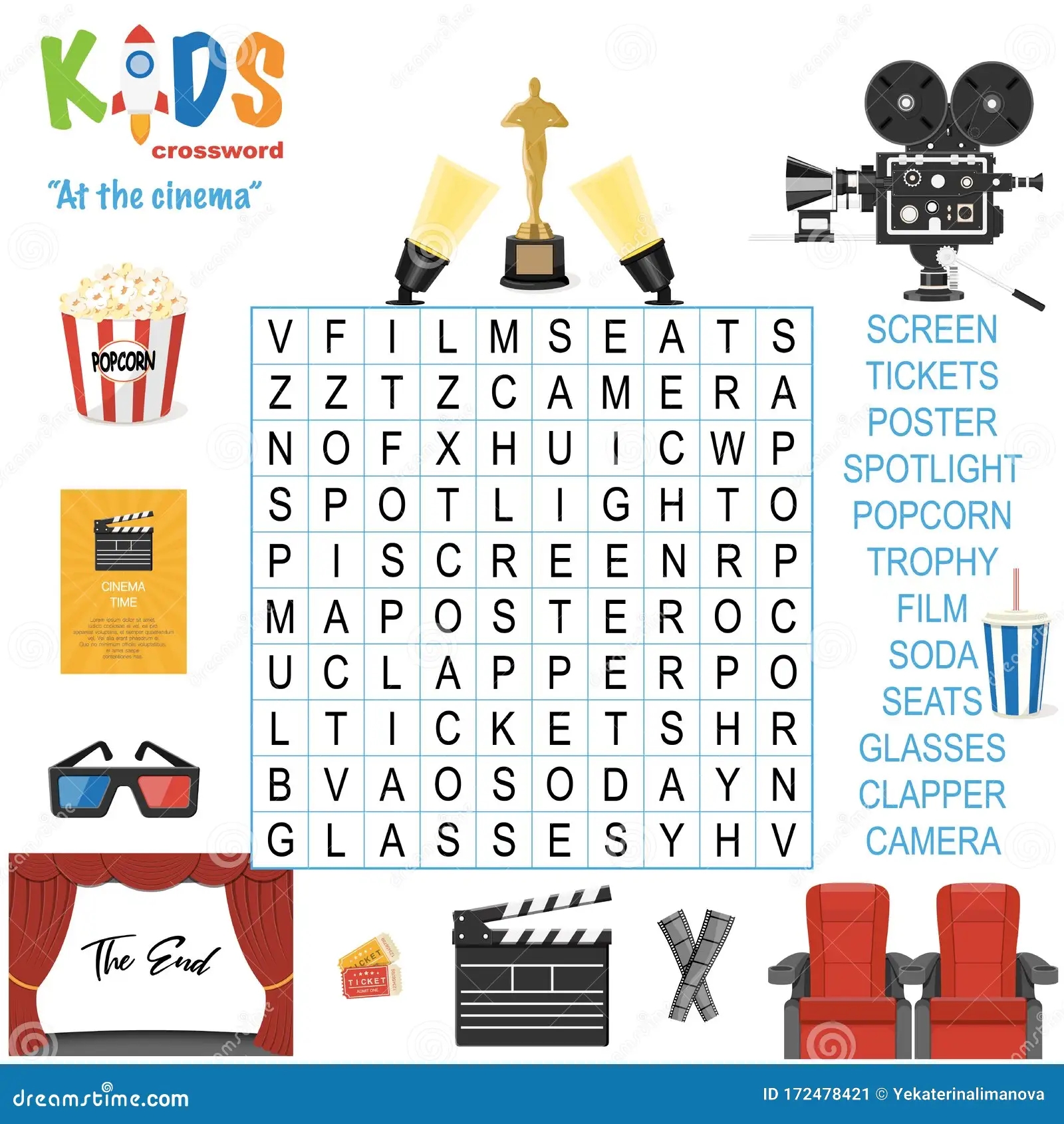 Easy Word Search Crossword Puzzle at The Cinema Stock Vector Illustration Of Kindergarten Game 172478421