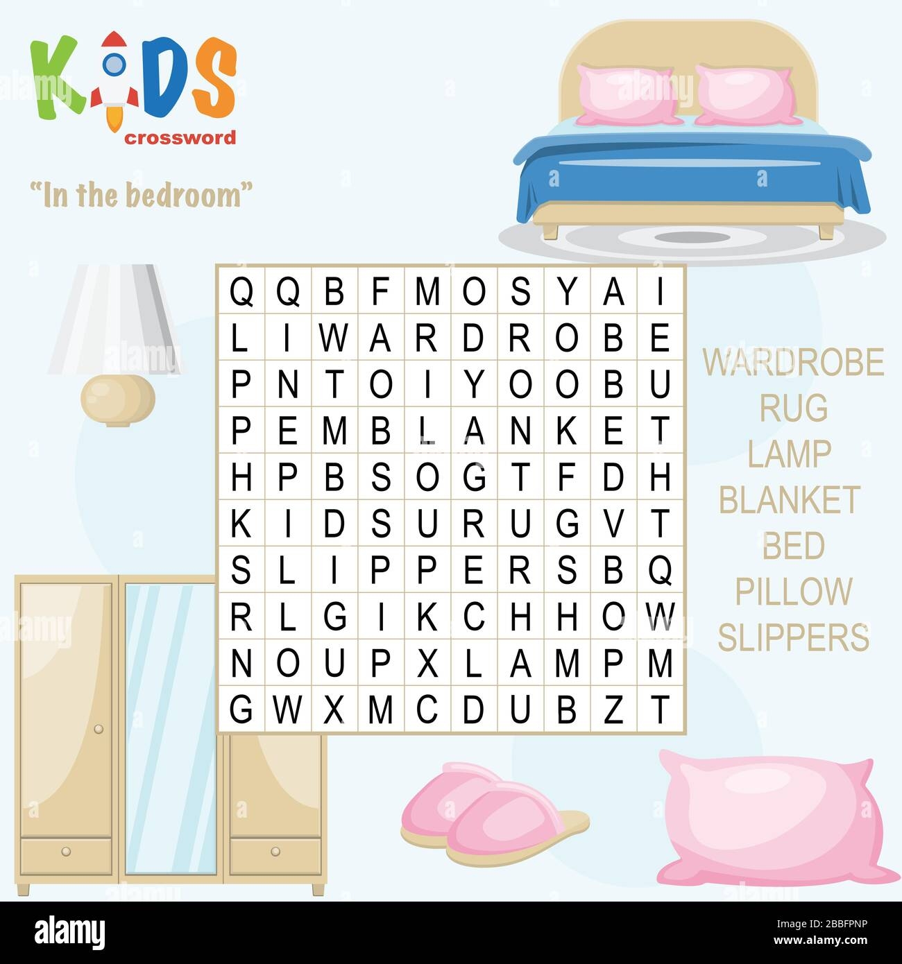 easy word search crossword puzzle in the bedroom for children in elementary and middle school fun way to practice language comprehension and expan stock vector image art alamy