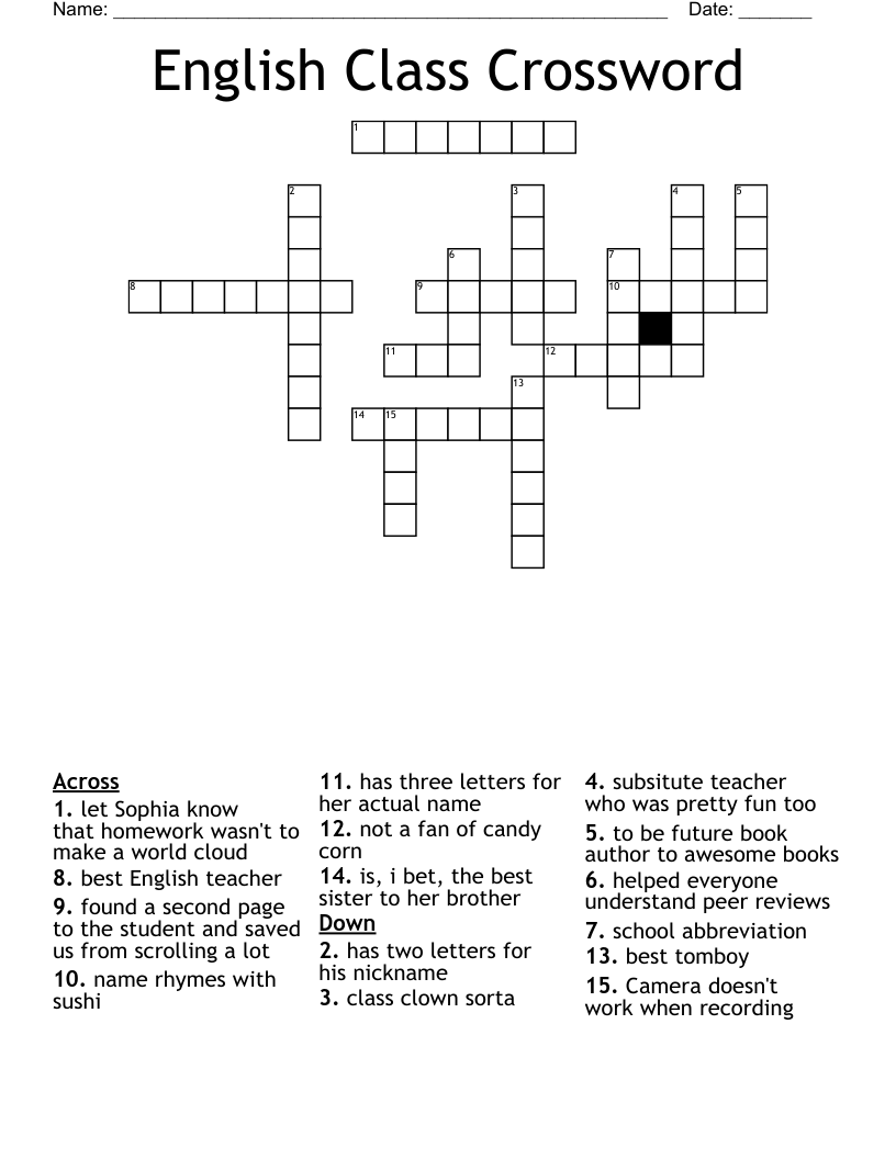 Crossword Puzzles For English Class