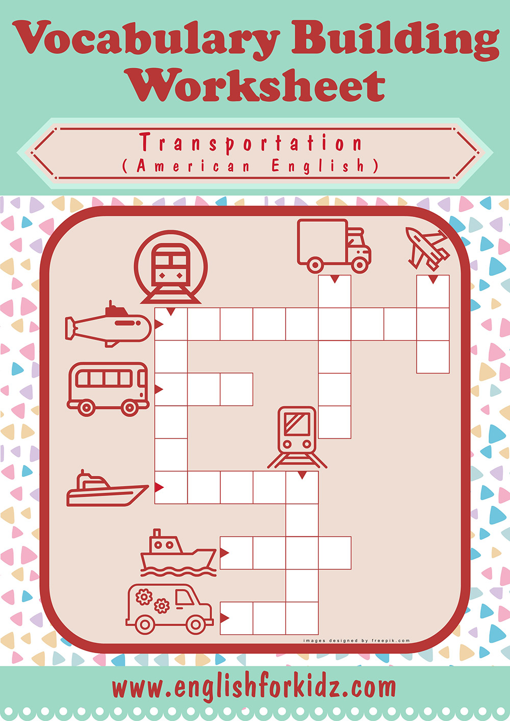 english for kids step by step transportation worksheets crossword puzzles