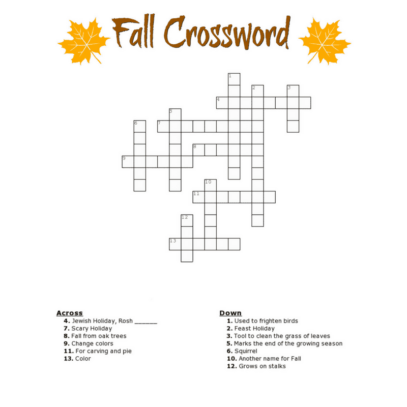fall crossword puzzle free printable worksheet