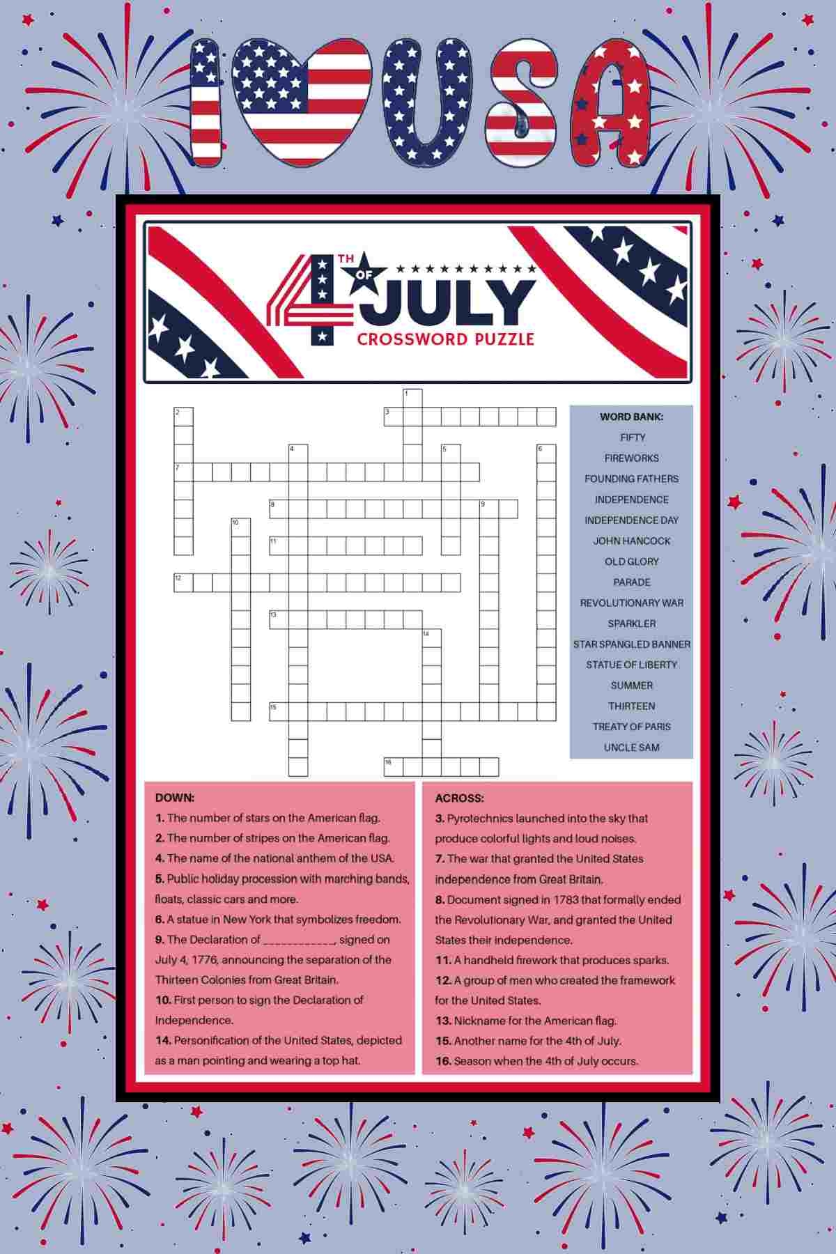 Free 4th Of July Crossword Puzzle Answer Key Included