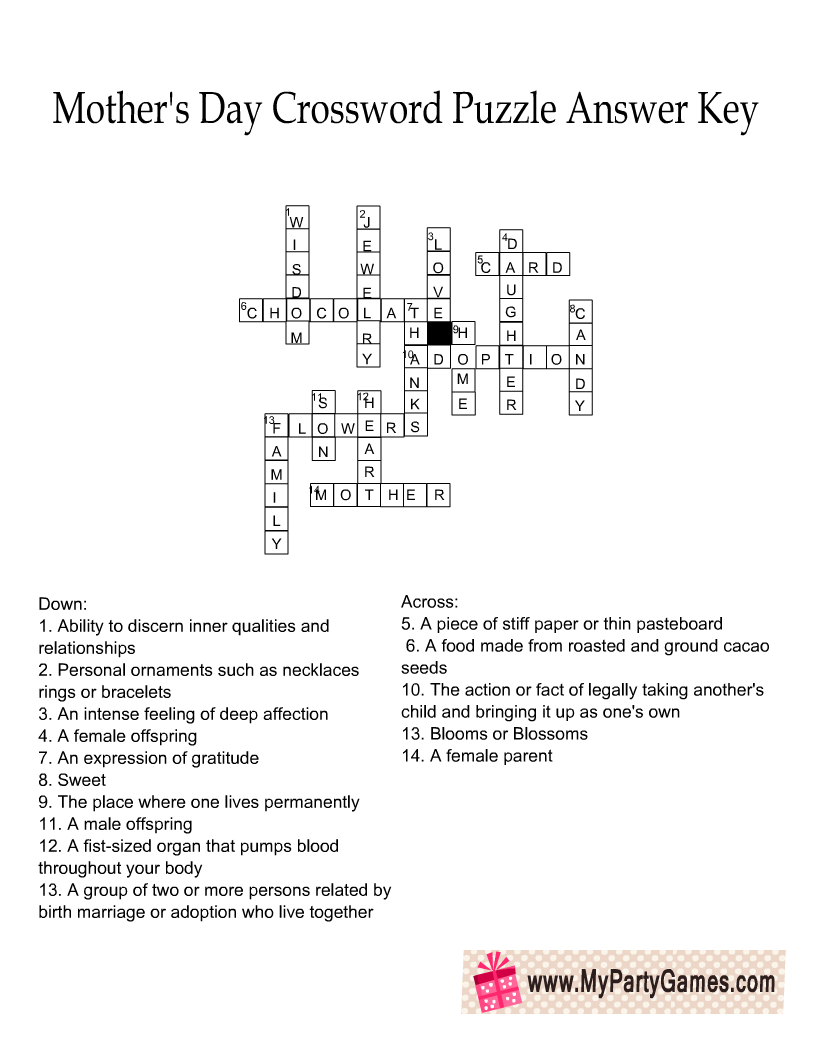 Mother's Day Crossword Puzzles Free Printable