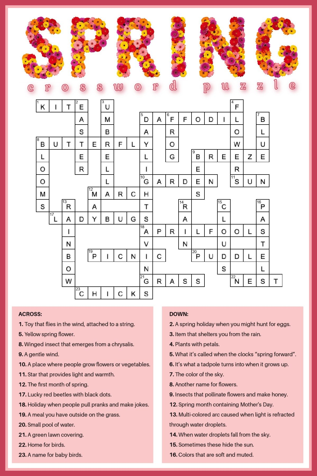 free spring crossword puzzle printable answer key included