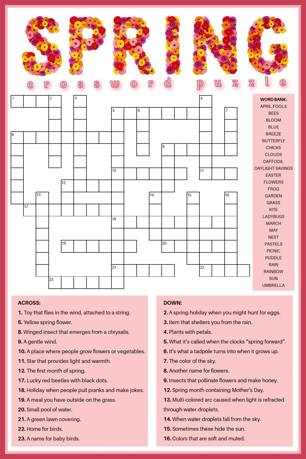 free spring crossword puzzle printable answer key included