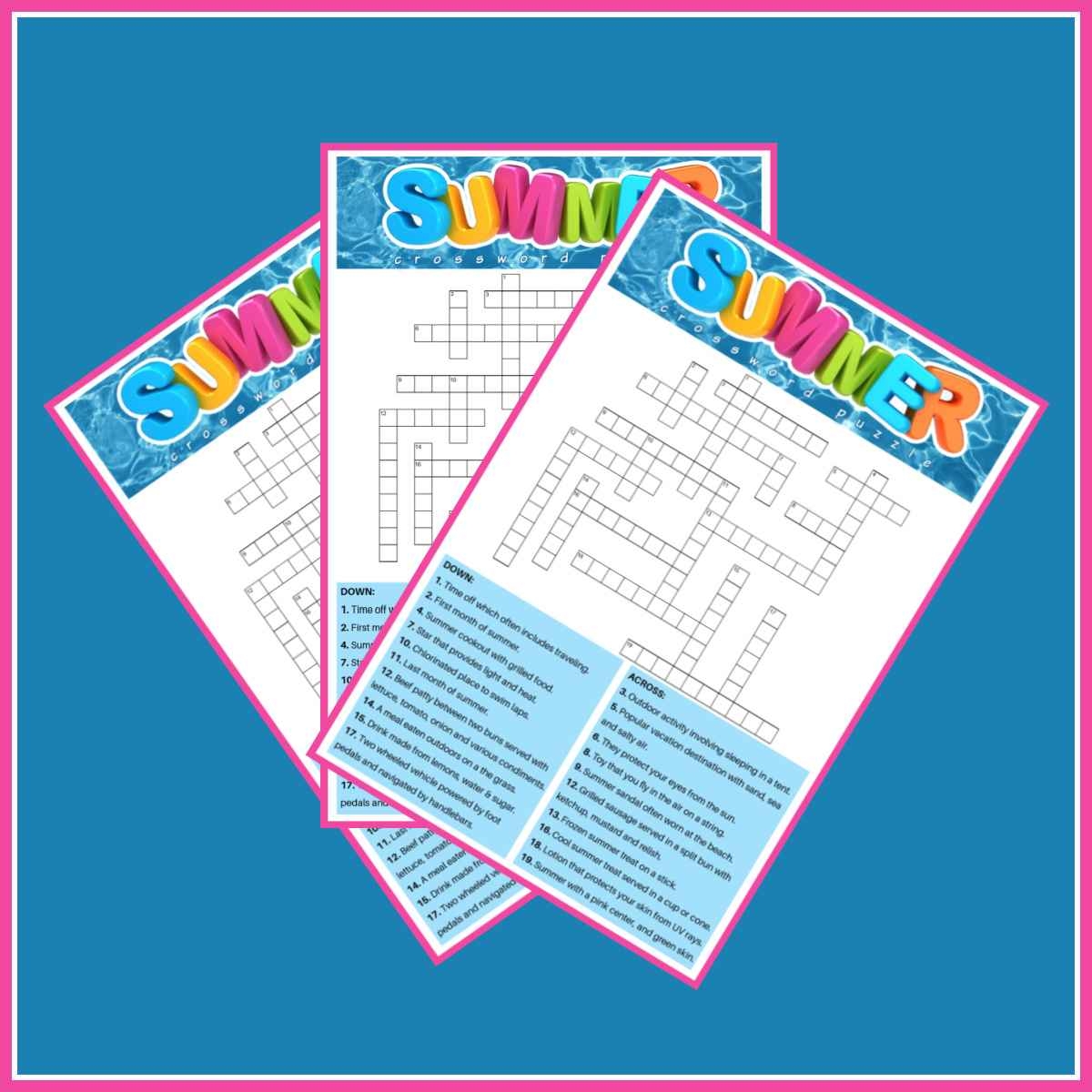 free summer crossword puzzle 2 versions answers included