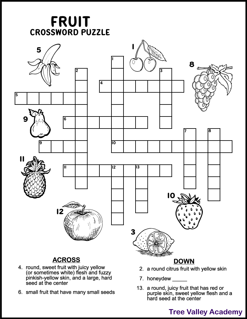 fruit crossword puzzle for kids tree valley academy