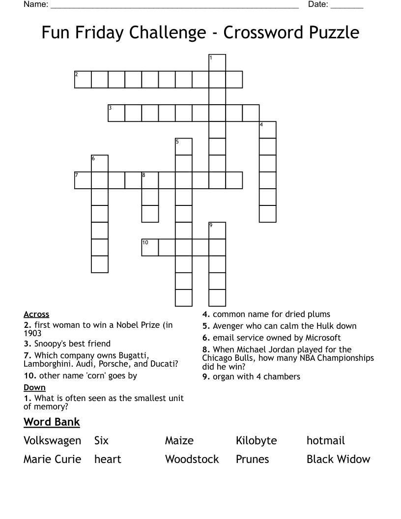 Fun Friday Challenge Crossword Puzzle WordMint