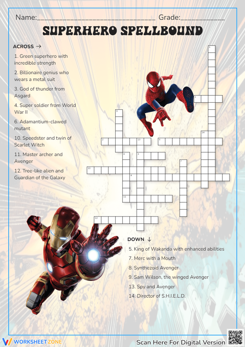 Grade 1 Marvel Crossword Puzzle Worksheets Printable