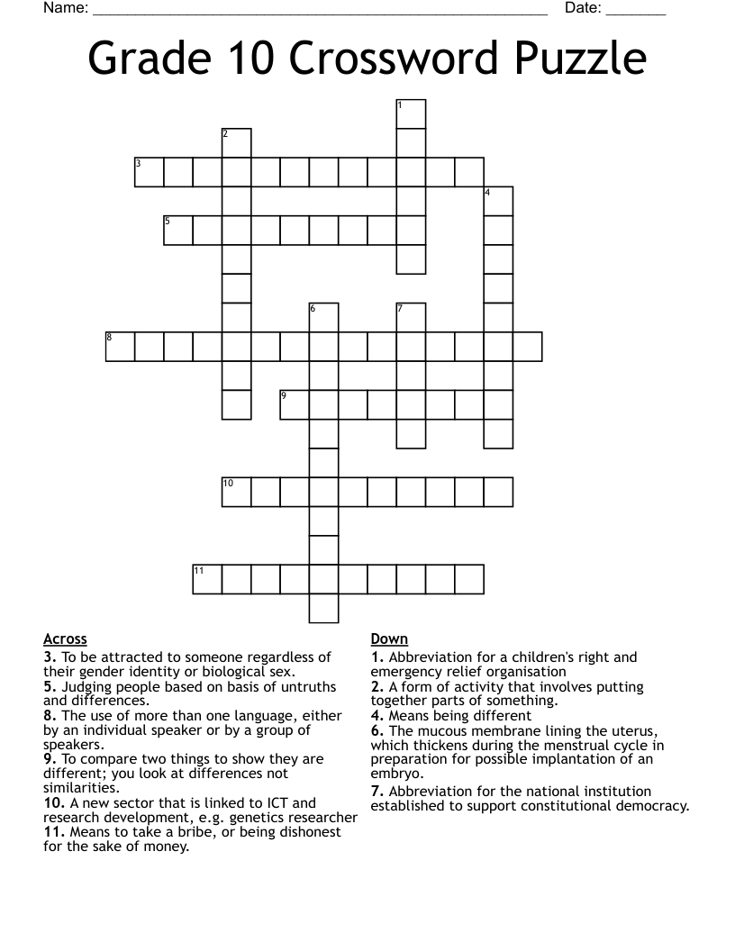 Grade 10 Crossword Puzzle WordMint