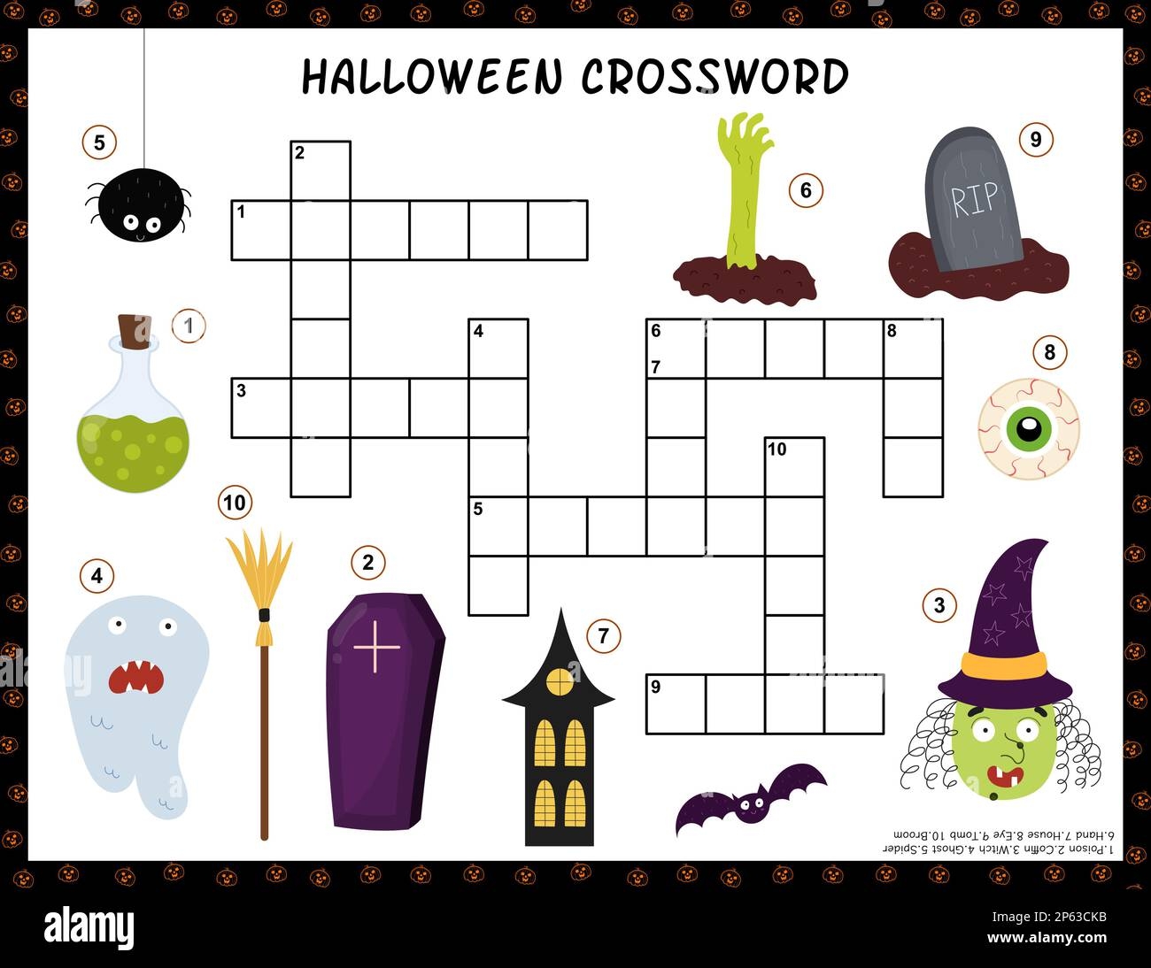 halloween crossword activity page for kids puzzle game with spooky characters stock vector image art alamy