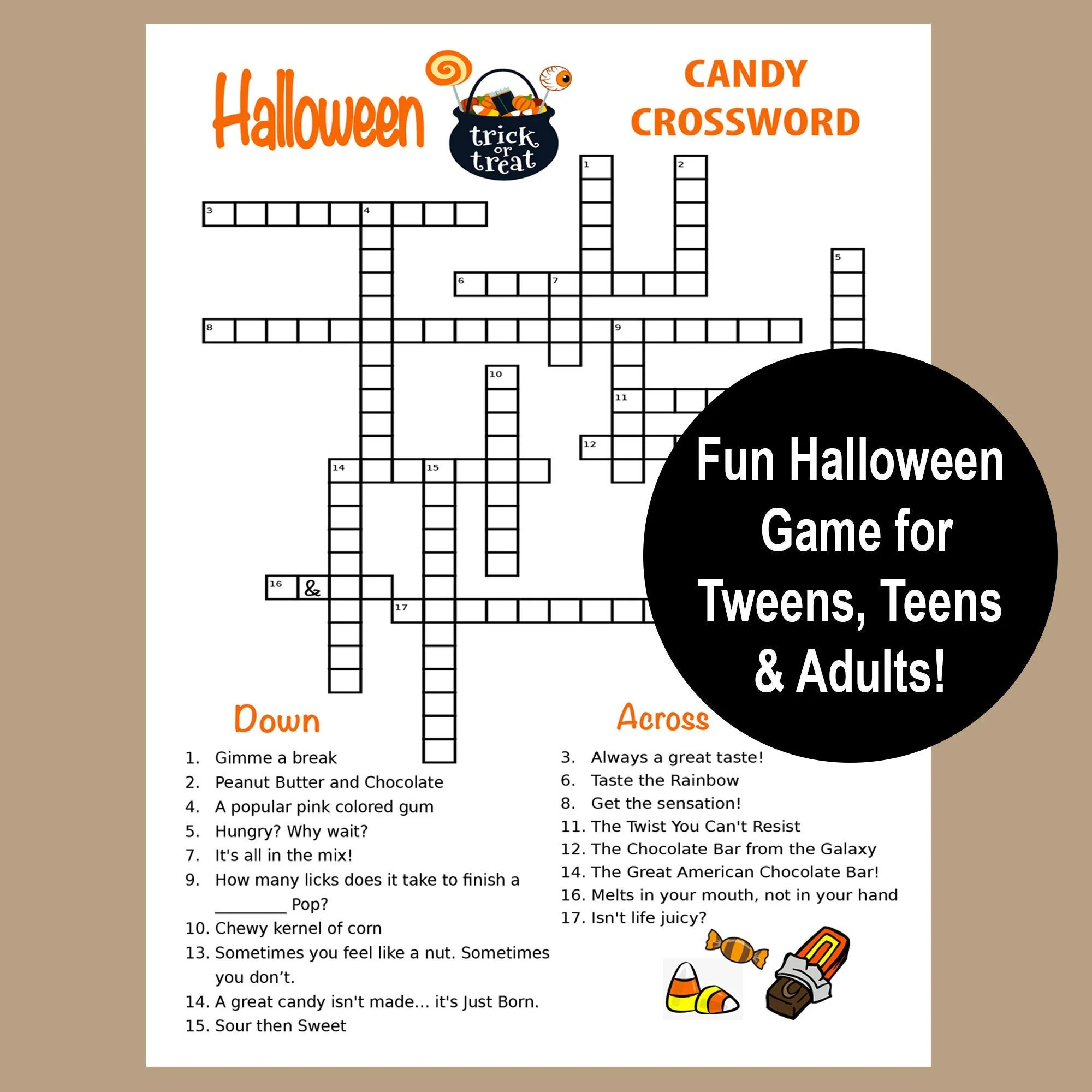 halloween crossword puzzle halloween tween teen adult game halloween party game printable halloween trivia game halloween candy game etsy