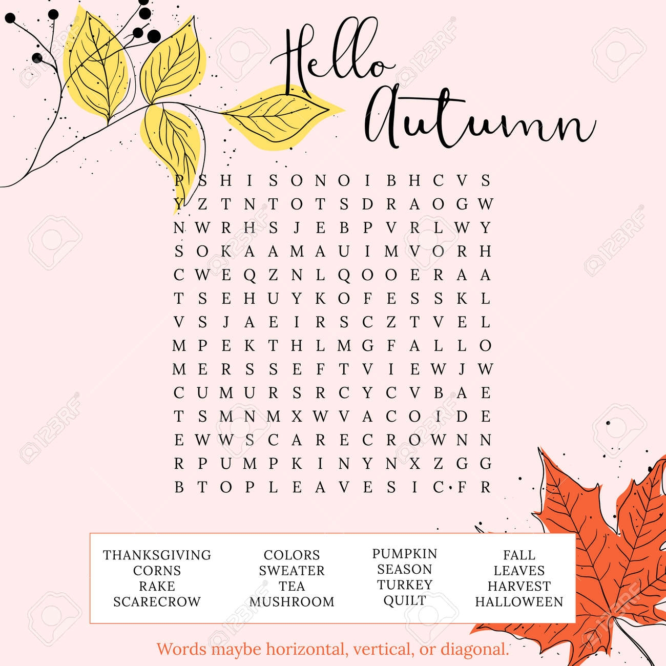 Hello Autumn Word Search Puzzle For Children Or Adults Crossword Game For Learning English Words Fun Suitable For Social Media Post Educational Worksheet Royalty Free SVG Cliparts Vectors And Stock Illustration Image