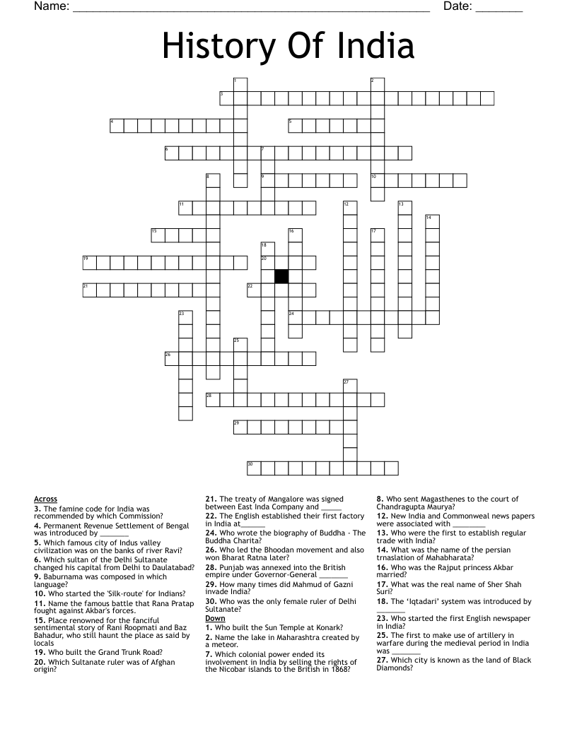 History Of India Crossword WordMint