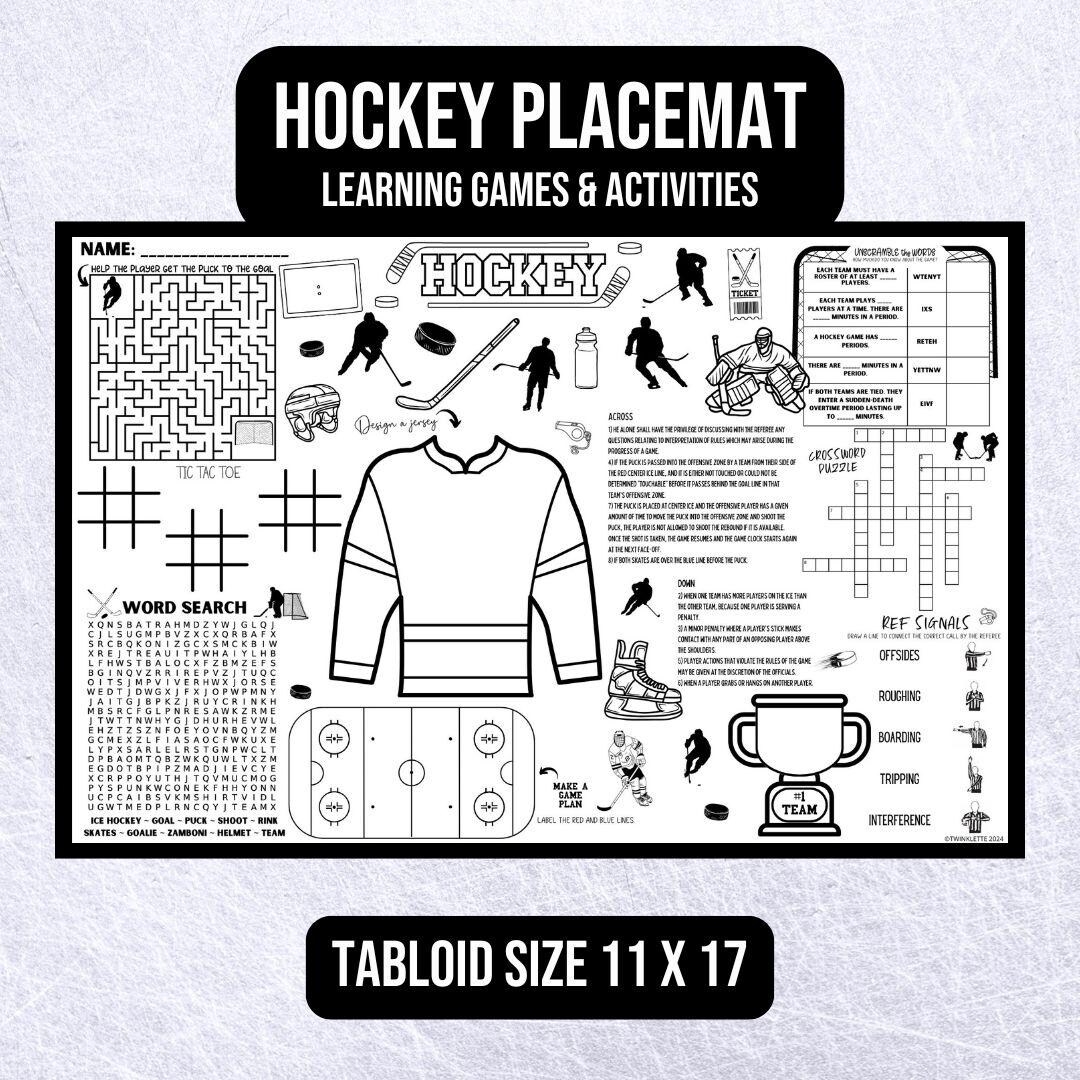 Hockey Coloring Activity Placemat Learn Ice Hockey Birthday Party Sports Trivia Team Building Travel Activities Team Dinner Busy Book Etsy