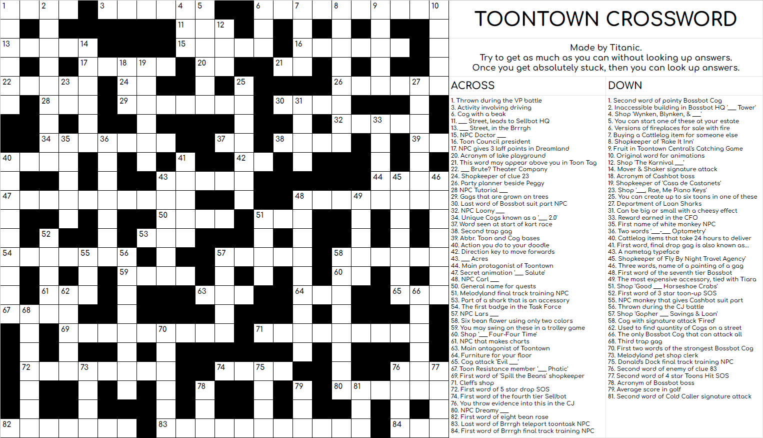 i made a toontown crossword puzzle 92 words all toontown related good luck updated r toontownrewritten