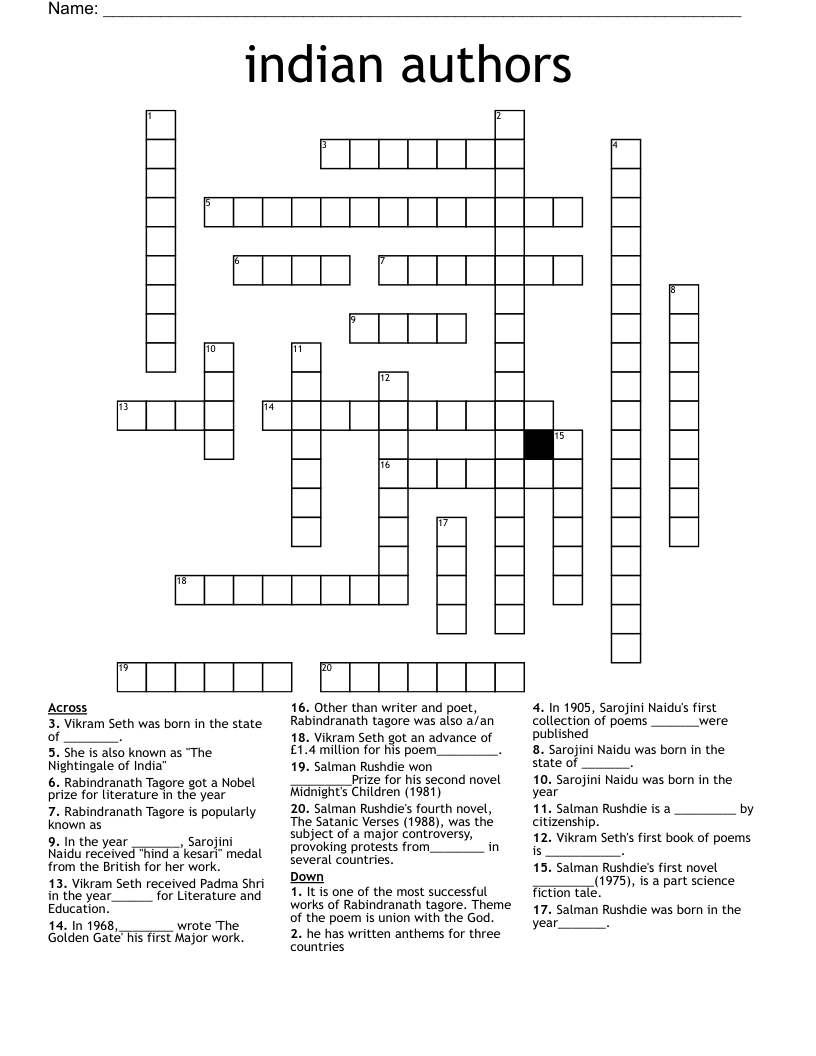 Indian Authors Crossword WordMint