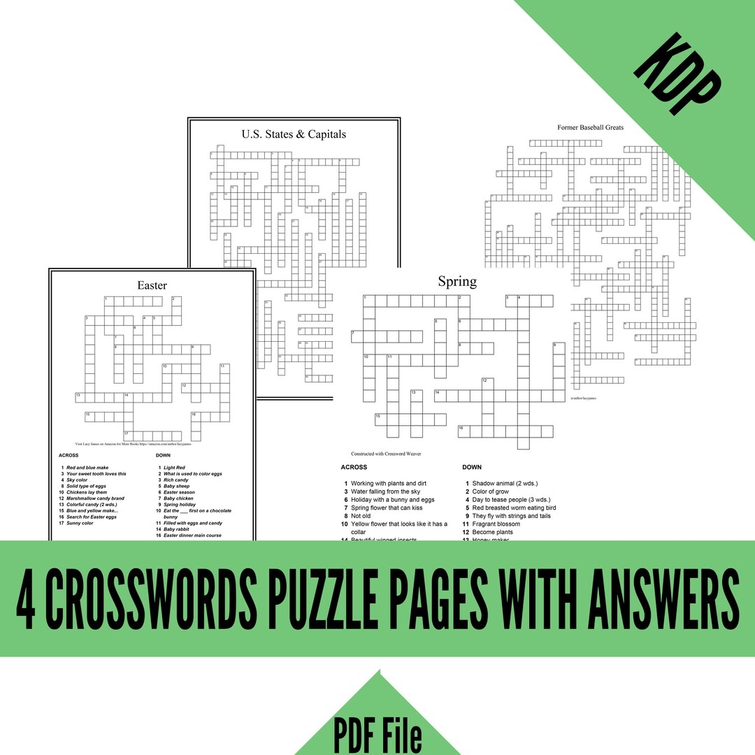 KDP 4 Crossword Puzzles With Clues And Answers In PDF Format For Creating KDP Activity Books Spring Easter Baseball Greats State Capitals Etsy
