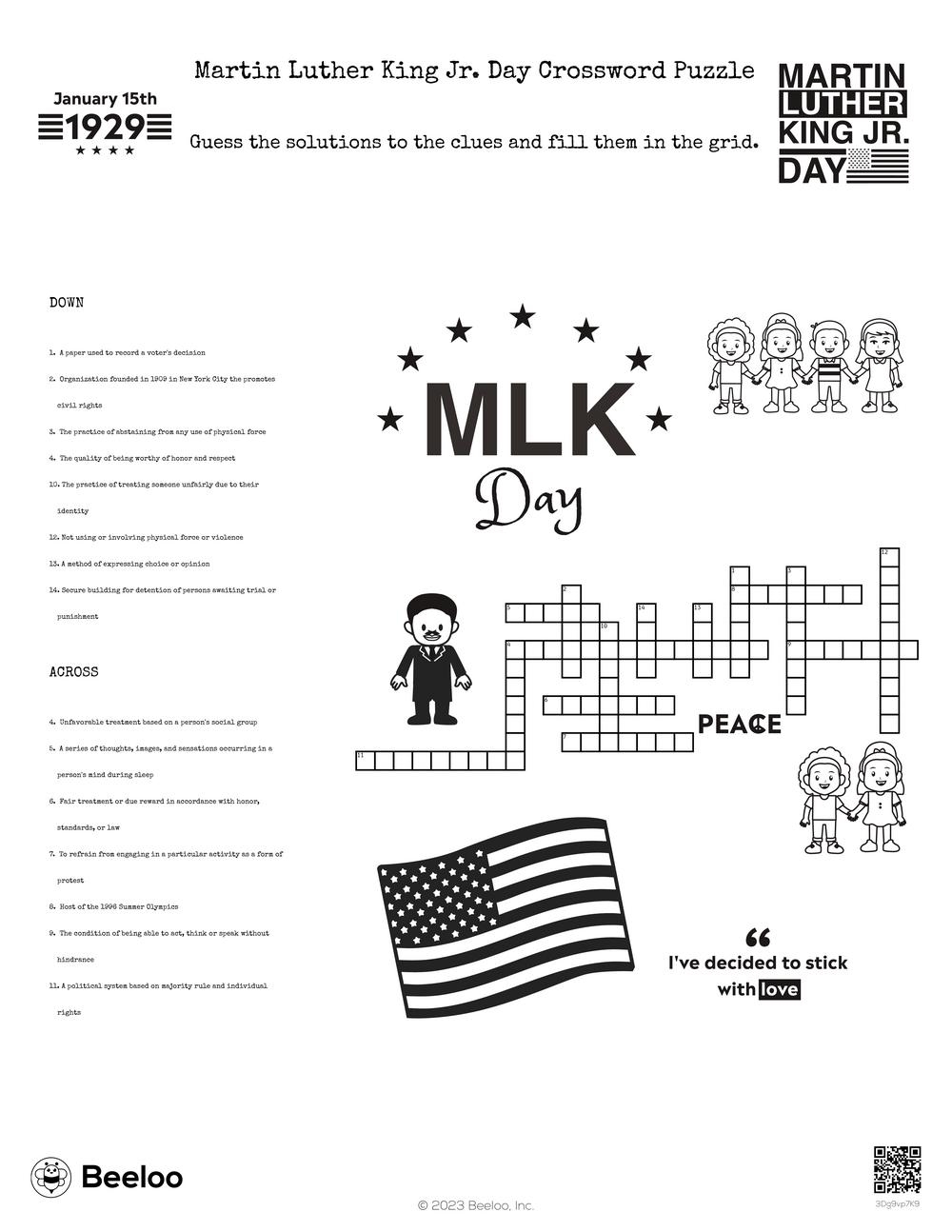 Martin Luther King Jr Day themed Crossword Puzzles Beeloo Printable Crafts And Activities For Kids