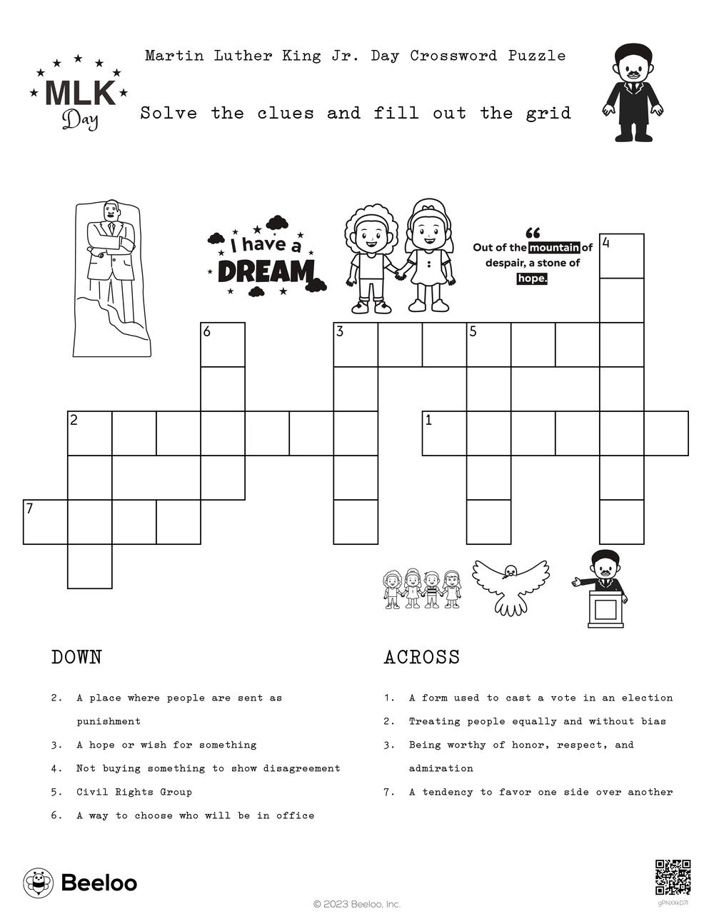 Martin Luther King Jr Day themed Crossword Puzzles Beeloo Printable Crafts And Activities For Kids