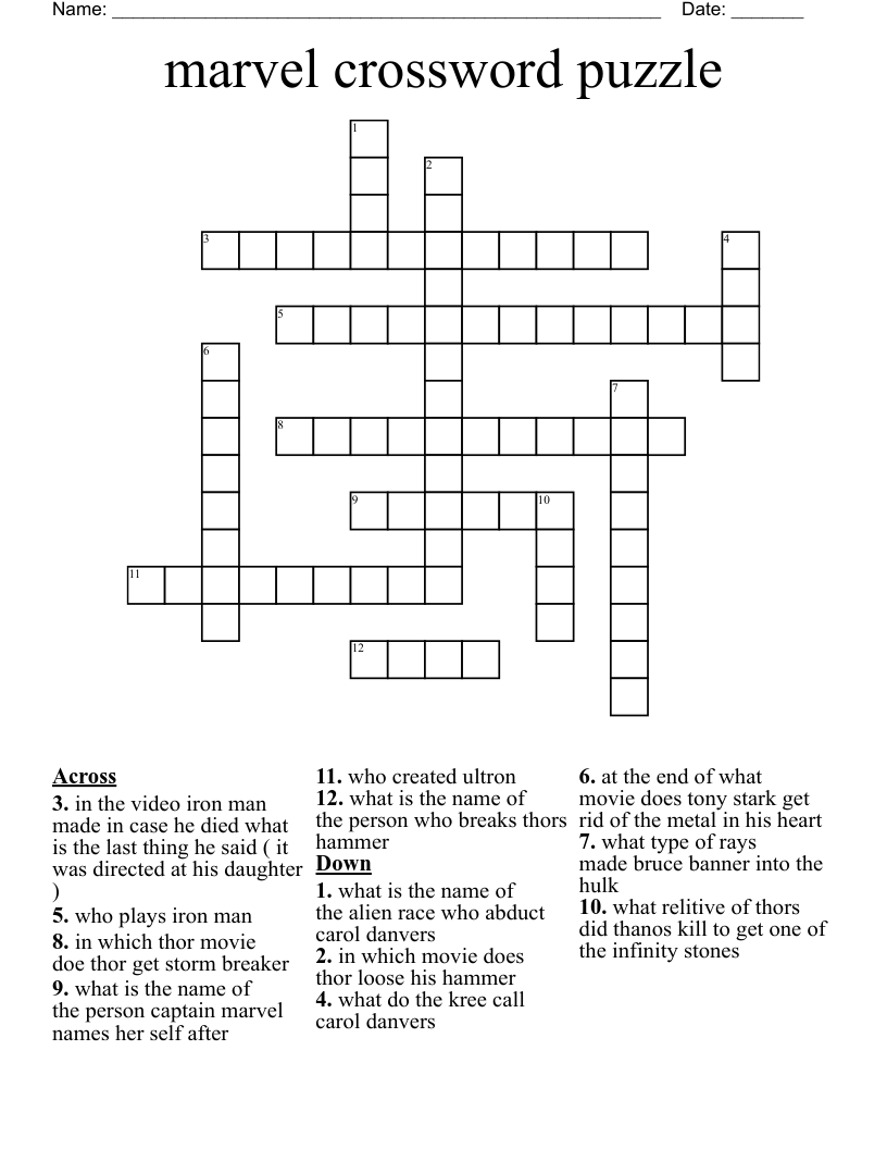 Marvel Crossword Puzzle WordMint