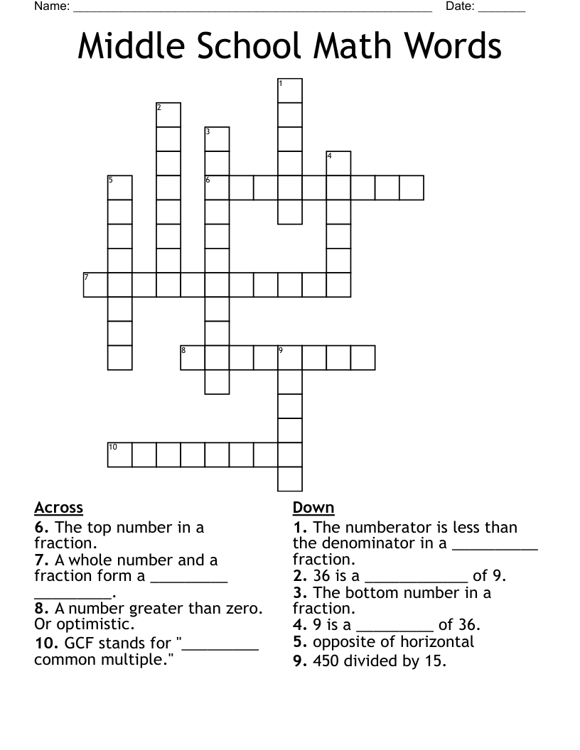 Middle School Math Words Crossword WordMint