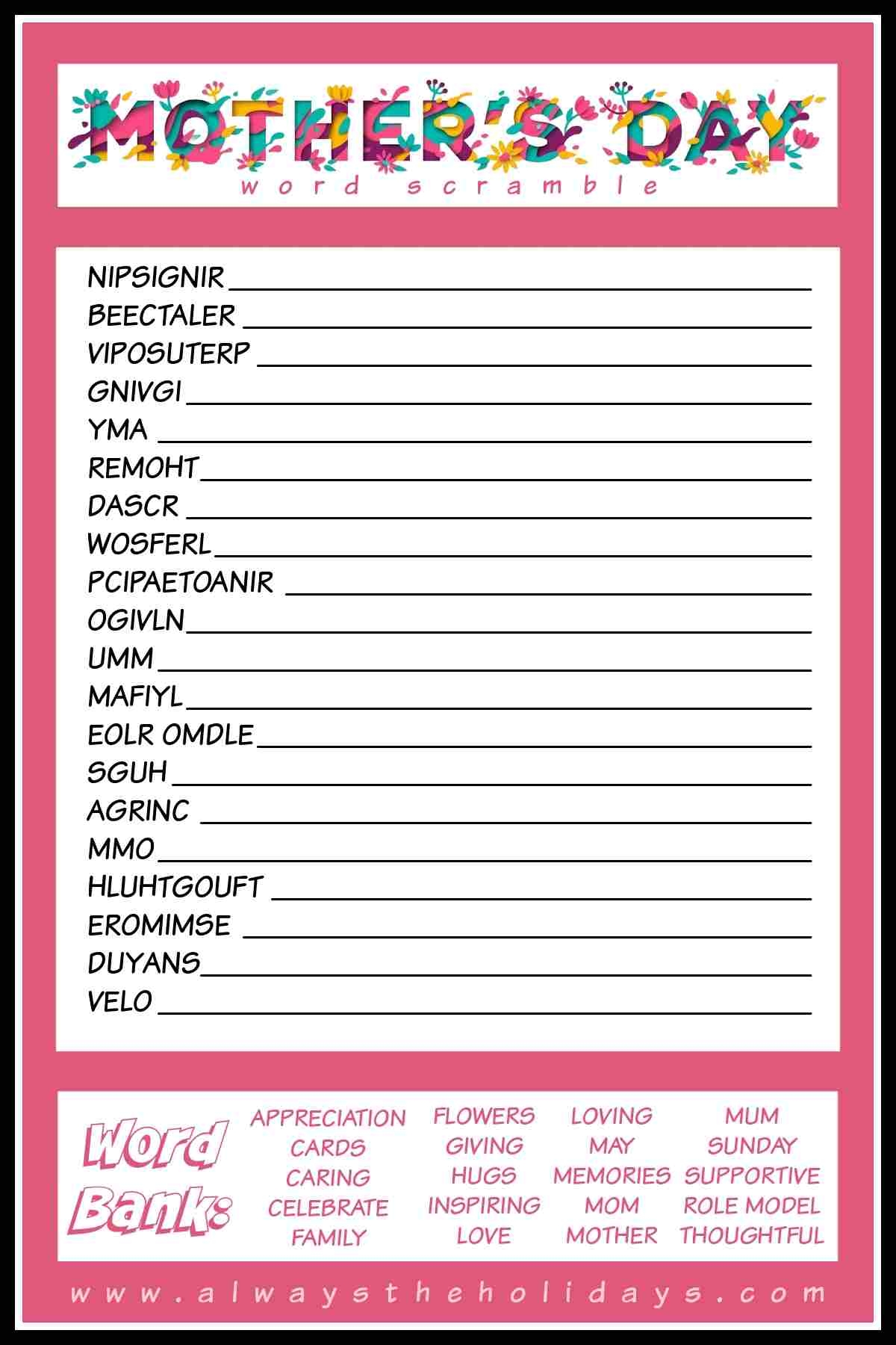 Mother s Day Word Scramble Puzzle Free Mother s Day Printable