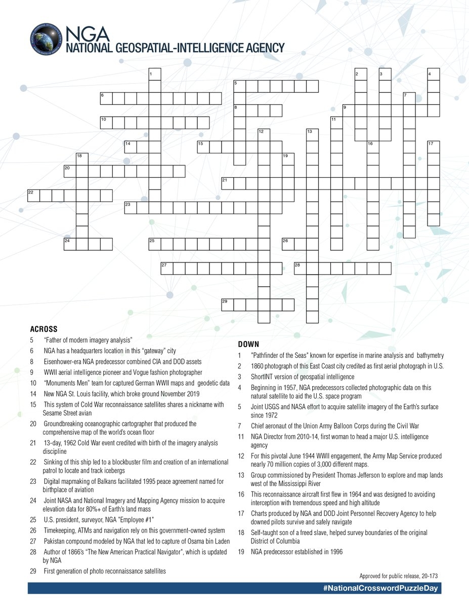 NGA X Puzzles Come In All Shapes And Formats Like Jigsaws Or Intelligence Products Lucky For You We Have Our Very Own Crossword Puzzle Filled With Tidbits To Help You
